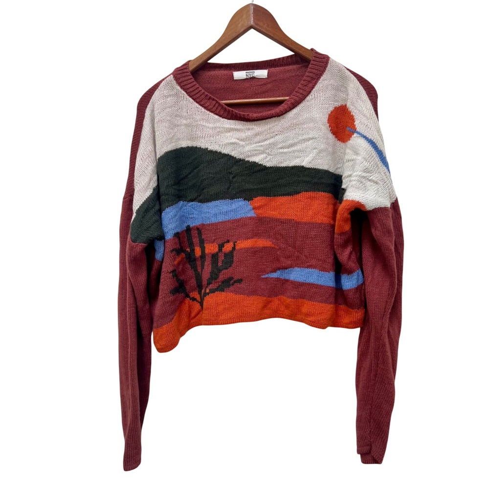 Madden NYC Womens XL Desert Landscape Cropped Knit Sweater Rust Orange Bohemian
